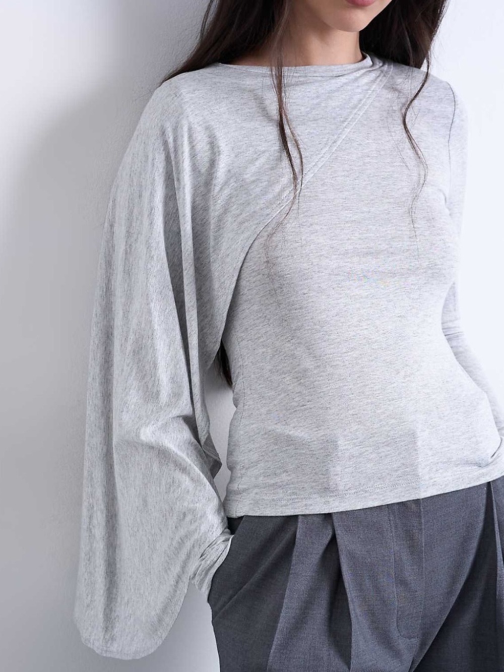 Light Gray Draped-Sleeve Women's Top